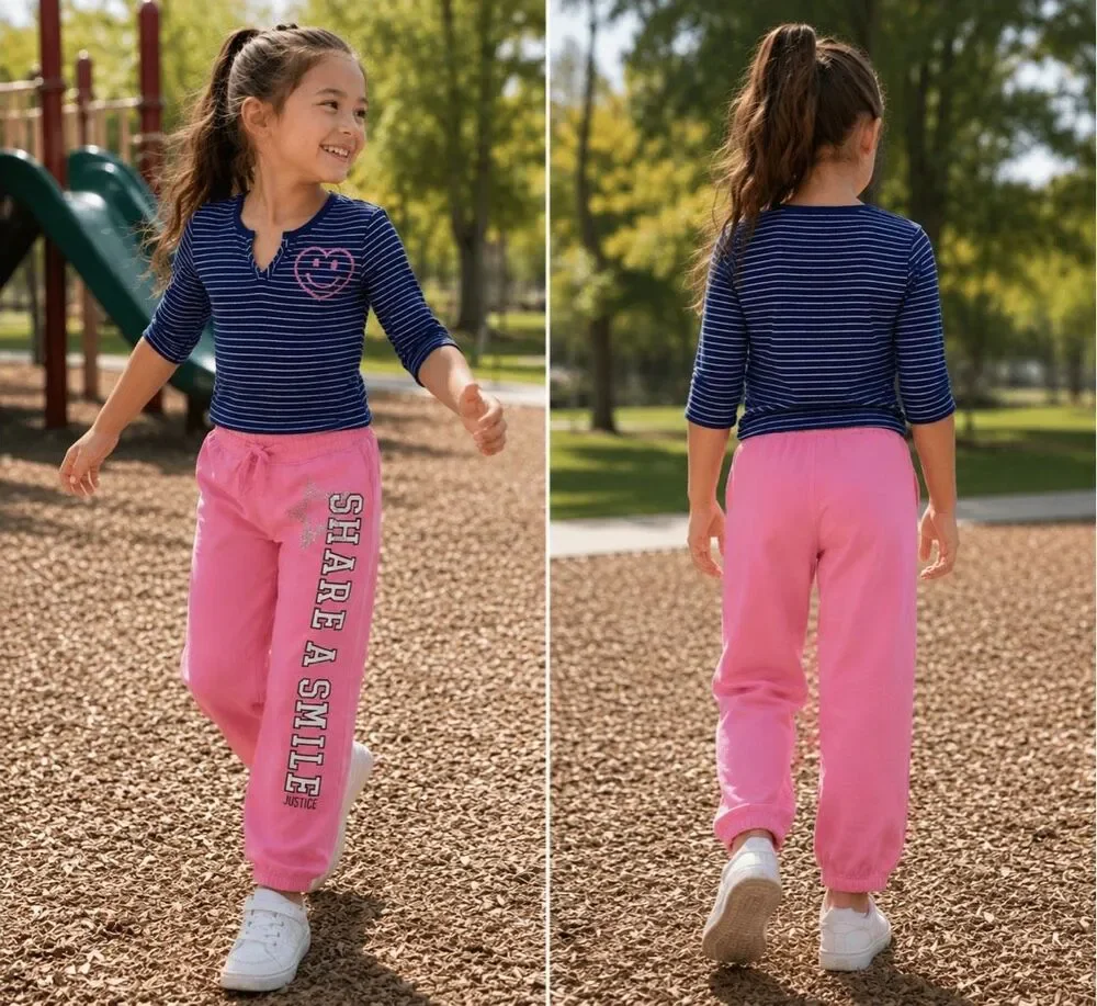Justice youth girls 10 elastic ankle hem  pull on graphic print sweatpants pink